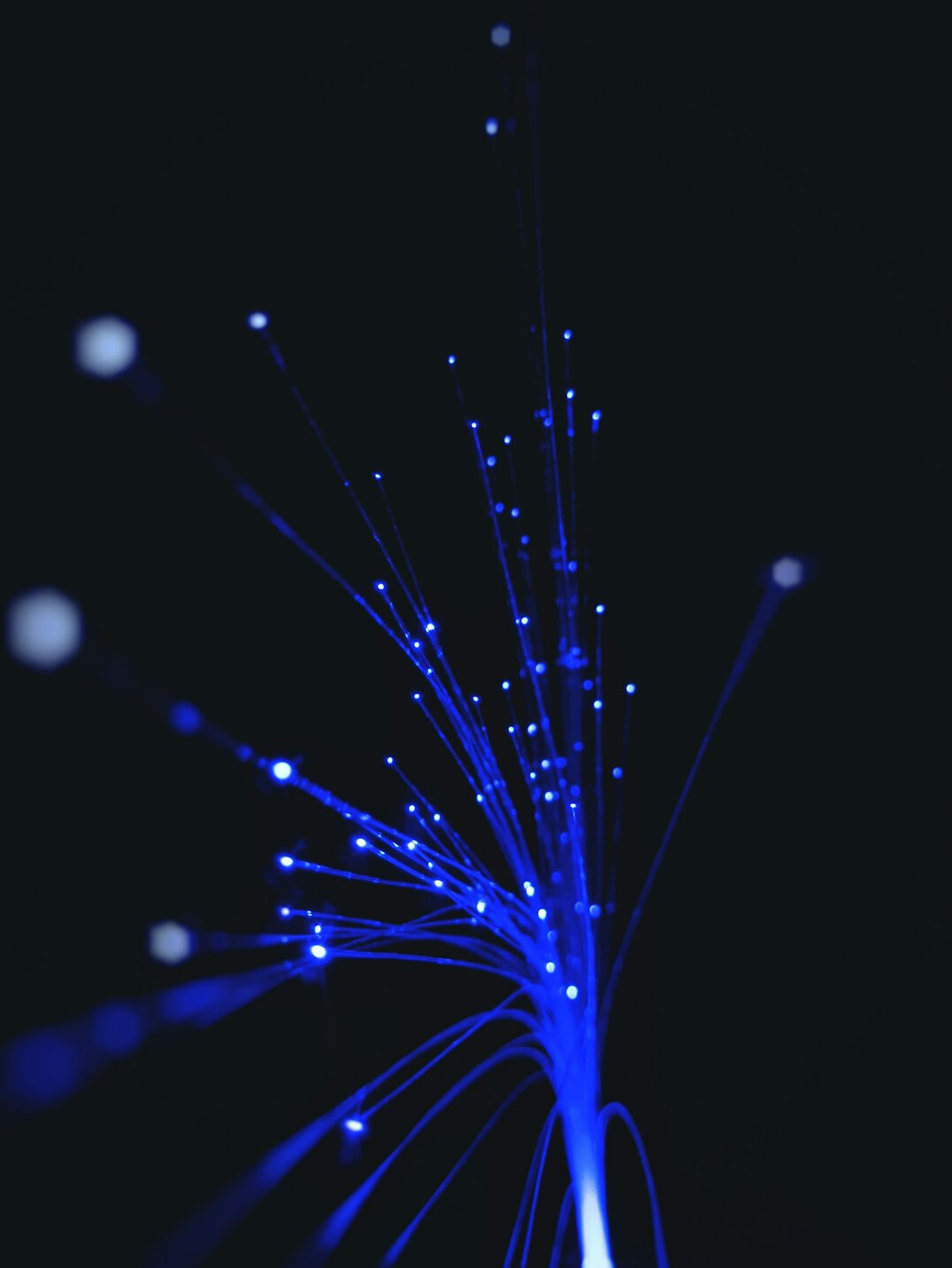Close up of illuminated fibre optic cables representing signal redundancy and network routing
